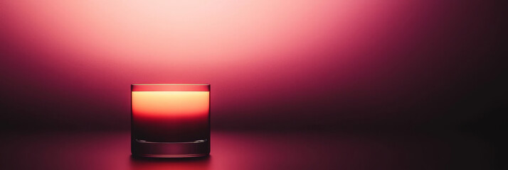 A glass of red liquid on a pink background.