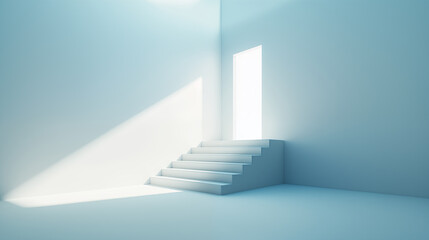 Fototapeta premium staircase leading to a bright, open doorway. The color palette is dominated by soft, cool shades of blue and white, creating a calming and peaceful atmosphere.