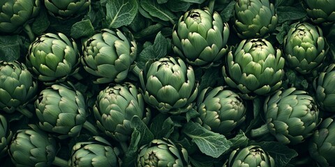 Fresh green artichokes are abundant in this vibrant image. Their unique shapes and rich colors are visually appealing. Perfect for cooking or food-related themes. AI