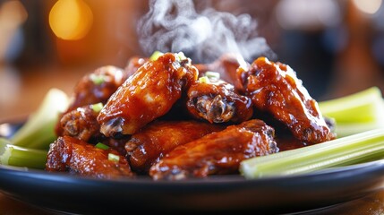 A plate of hot buffalo wings with steam rising, coated in spicy sauce, served with celery sticks and blue cheese dressing. Copy space for text.