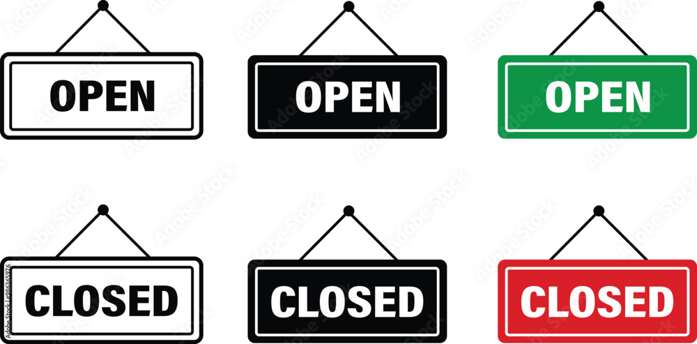 Fototapete open and closed sign board icon set flat or line buttons vector for graphic design isolated on trans