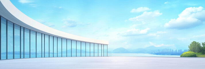Modern building with panoramic windows overlooking a lake and city.