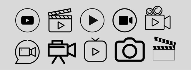 Set of Video play icons and camera icons silhouette vector style with white background