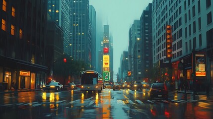 Obraz premium A rainy city street scene with illuminated buildings and traffic reflecting on wet pavement.
