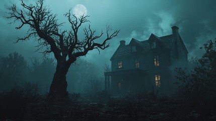 spooky house with scary halloween night.