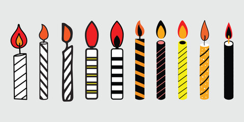 Set of 10 happy birthday Candle icon silhouette vector style with white background Art & Illustration