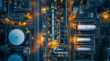 Aerial view of an industrial complex with illuminated pipelines and storage tanks at night
