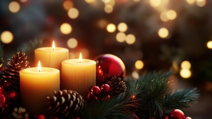 Holiday background of Christmas decorations with candles Close-Up