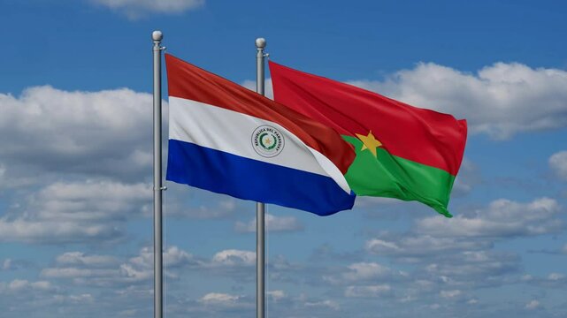 Burkina Faso and Paraguay flags flying together, video concept of the relationship, two country relations concept
