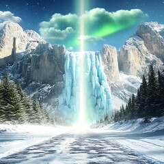 Frozen Waterfall Landscape With Bright Light