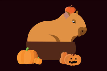 Cute capybara with pumpkin on head in basin, in circle pumpkin and carved light fixture flat icon. Vector illustration isolated on brown background.