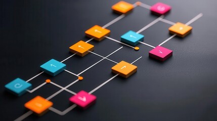 A flowchart connecting project steps, with key milestones highlighted in bright colors