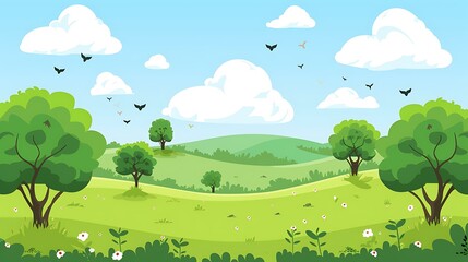 Fototapeta premium Cartoon Landscape With Green Trees And Blue Sky
