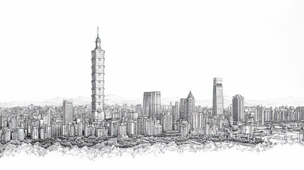 Obraz premium New Taipei City, Taiwan, black and white pen pencil hand-drawn effect drawing illustration for travel poster, card, wallpaper, backdrop or banner. Modern, clear, artistic and simple