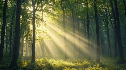Obraz premium Sunlight Beams Through a Misty Forest