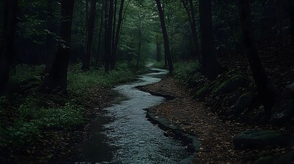 Fototapeta premium Winding Stream through Enchanting Forest Leads Deeper into Secluded Woodland Landscape