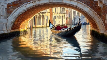 A painting of a boat with a red seat and a red cushion