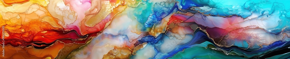 Poster Vibrant abstract art with colorful fluid patterns for creative design.