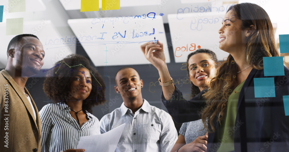 Poster business people, work and board notes in office with meeting and content creation planning. teamwork