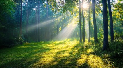 Naklejka premium Sunlight Rays Illuminating a Misty Forest Clearing