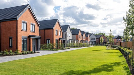 Fototapeta premium A row of newly built modern homes in the UK, featuring clean brickwork, large windows, and manicured lawns in a quiet suburban neighborhood.