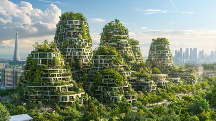 Obraz premium A city where all buildings are made of living plants, growing and evolving over time to create a dynamic, green urban landscape