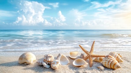 A sandy beach dotted with seashells and starfish under a bright summer sky, with the ocean breeze lightly rippling the water.