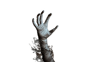 Mummy's hand wrapped in a bandage creepily moving on isolated background. The hand of the mummy...