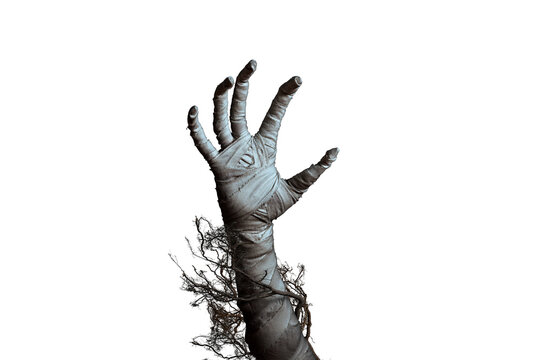 Mummy's hand wrapped in a bandage creepily moving on isolated background. The hand of the mummy monster for Halloween horror concept