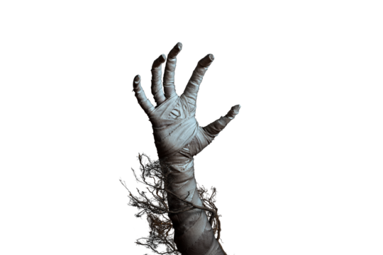 Mummy's hand wrapped in a bandage creepily moving on isolated background. The hand of the mummy monster for Halloween horror concept