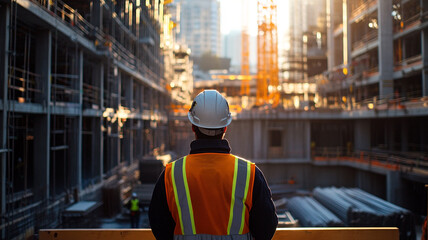 Construction worker observing site progress during golden hour in an urban setting