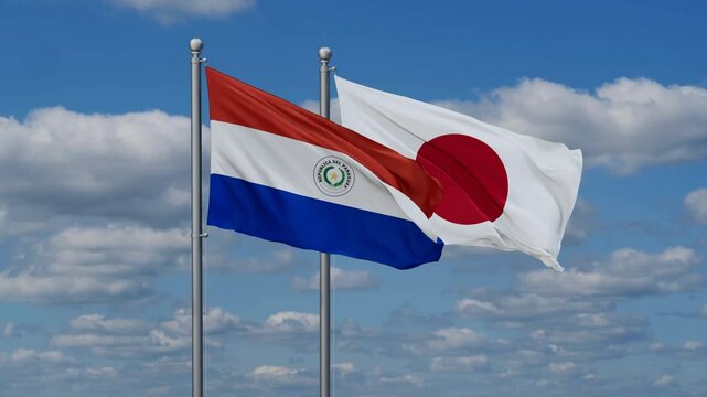 Japan and Paraguay flags flying together, video concept of the relationship, two country relations concept