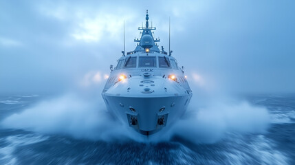 Fast patrol vessel navigating through stormy seas at dusk