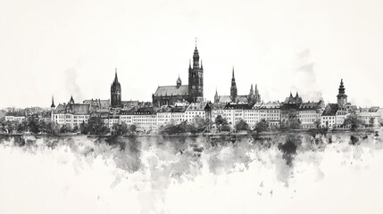 Fototapeta premium Nuremberg, Germany, black and white pen pencil hand-drawn effect drawing illustration for travel poster, card, wallpaper, backdrop or banner. Modern, clear, artistic and simple