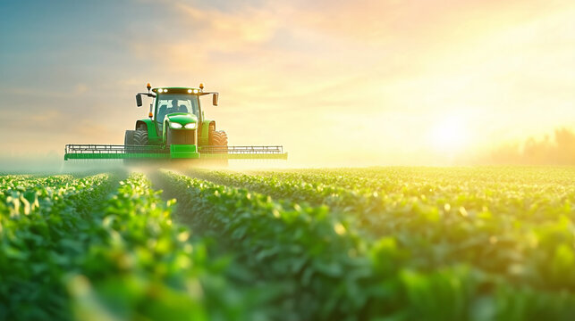 Tractor cultivating crops in a sunlit field at dawn