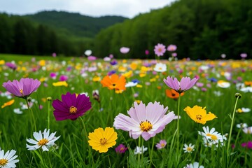 Obraz premium A vibrant field of wildflowers in bloom, with colorful blossoms swaying gently in the breeze