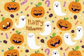 Cute halloween pattern with pumpkins and ghosts for festive decorations.