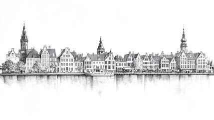 Odense, Denmark, black and white pen pencil hand-drawn effect drawing illustration for travel poster, card, wallpaper, backdrop or banner. Modern, clear, artistic and simple