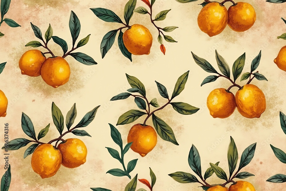 Wall mural Lemon patterned background with watercolor leaves for art and design projects.