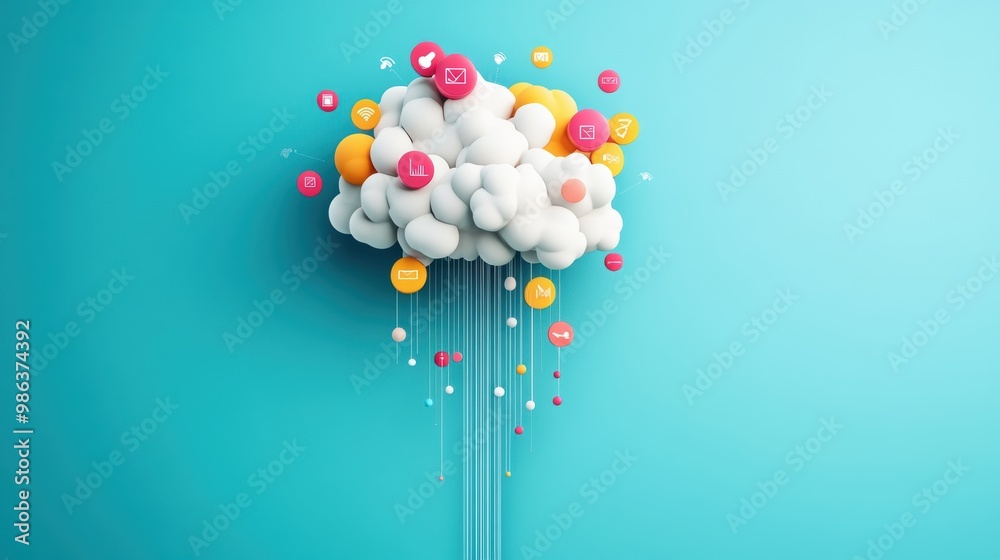 Poster an abstract representation of a cloud, with data streams and icons symbolizing storage, processing, 