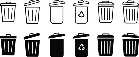 Fototapeta premium Trash bin icons set. Black vectors trash dustbin signs elements. Recyclable Waste Line and flat Designs isolated on transparent background. Waste sorting containers. Suitable for Web Page, Mobile App.