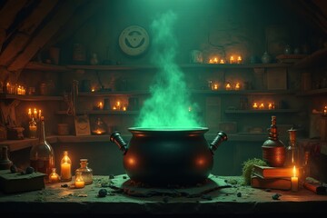 Mysterious green cauldron in candlelit room with potions and spices for halloween magic concept.