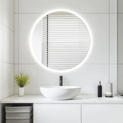 Fototapeta premium Frameless circular mirror with built-in lighting in a white minimalist bathroom, minimalist bathroom mirror, sleek simplicity