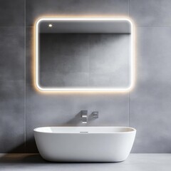 Fototapeta premium Frameless mirror with backlighting in a gray minimalist bathroom, minimalist bathroom mirror, sleek and modern
