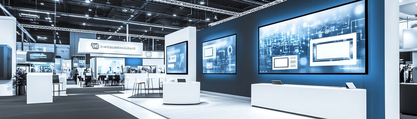 Modern exhibition booth with digital displays