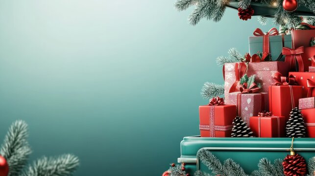 A banner illustration with copy space for text of a car boot/ trunk filled with Christmas present, gift boxes with a Christmas theme background transparent background