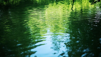 Serene water surface reflecting lush greenery, creating a tranquil and peaceful outdoor atmosphere.