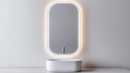 Frameless oval mirror with built-in lighting in a white minimalist bathroom, minimalist bathroom mirror, clean elegance
