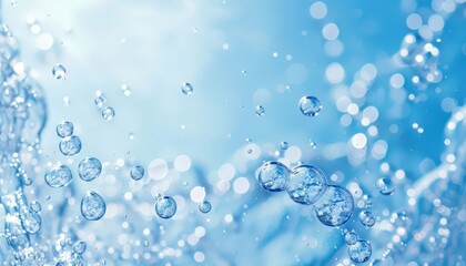 A macro shot of water bubbles floating in a bright blue liquid, creating a refreshing and vibrant underwater effect.