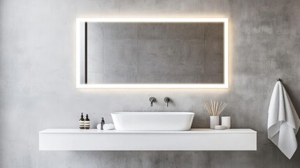 Fototapeta premium Frameless rectangular mirror with integrated lighting in a beige minimalist bathroom, minimalist bathroom mirror, warm elegance